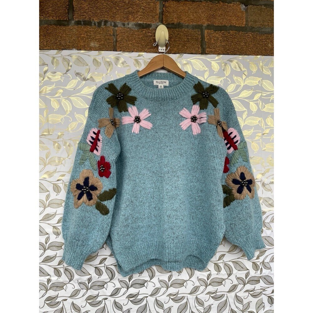 Allison New York Blue Floral 3D Embroidered Sweater | Grandmacore Vibe medium